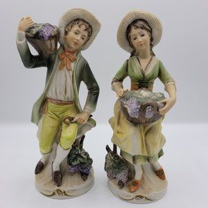 Vintage Homco Tuscany Girl and Boy with Basket of Grapes Statues